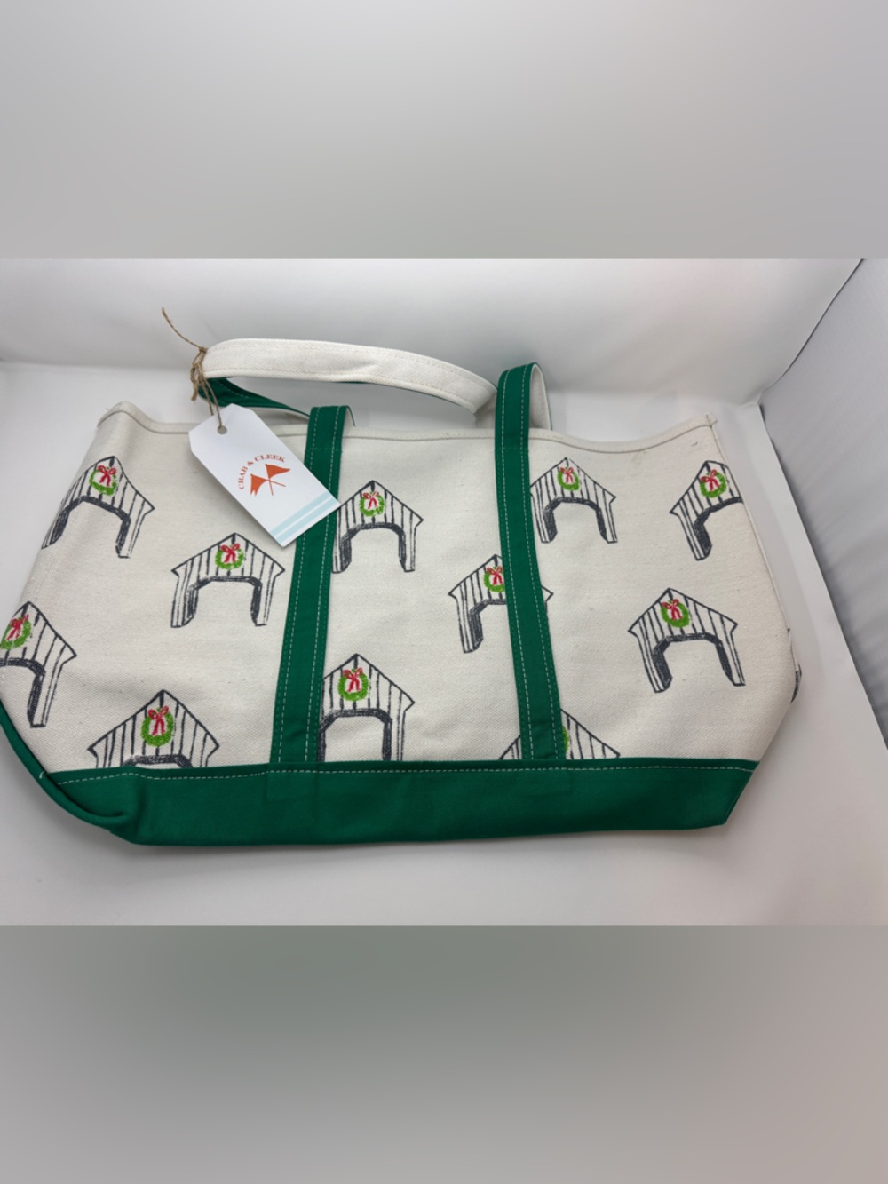 Xmas Theme Canvas Tote Bag with Green Trim - Casual Large Carryall